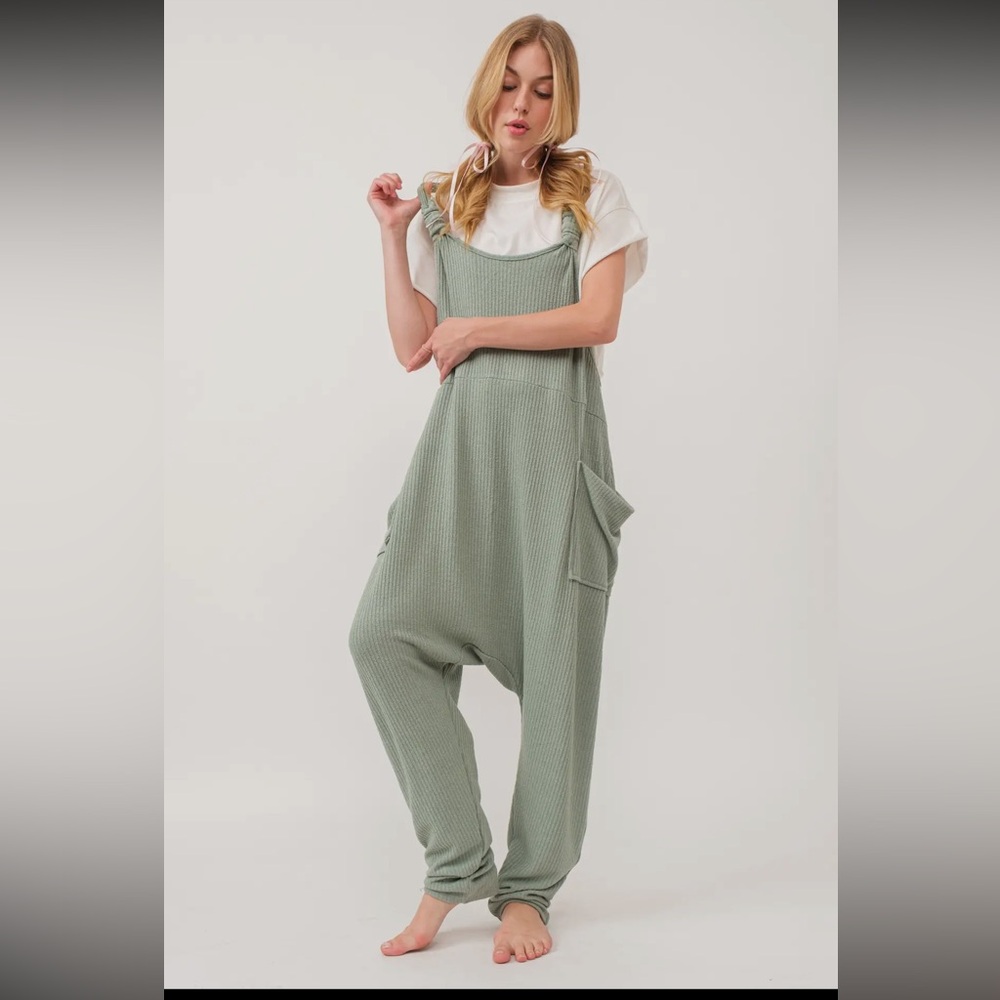 07 Solid Banded Stap Ribbed Harem Jumpsuit